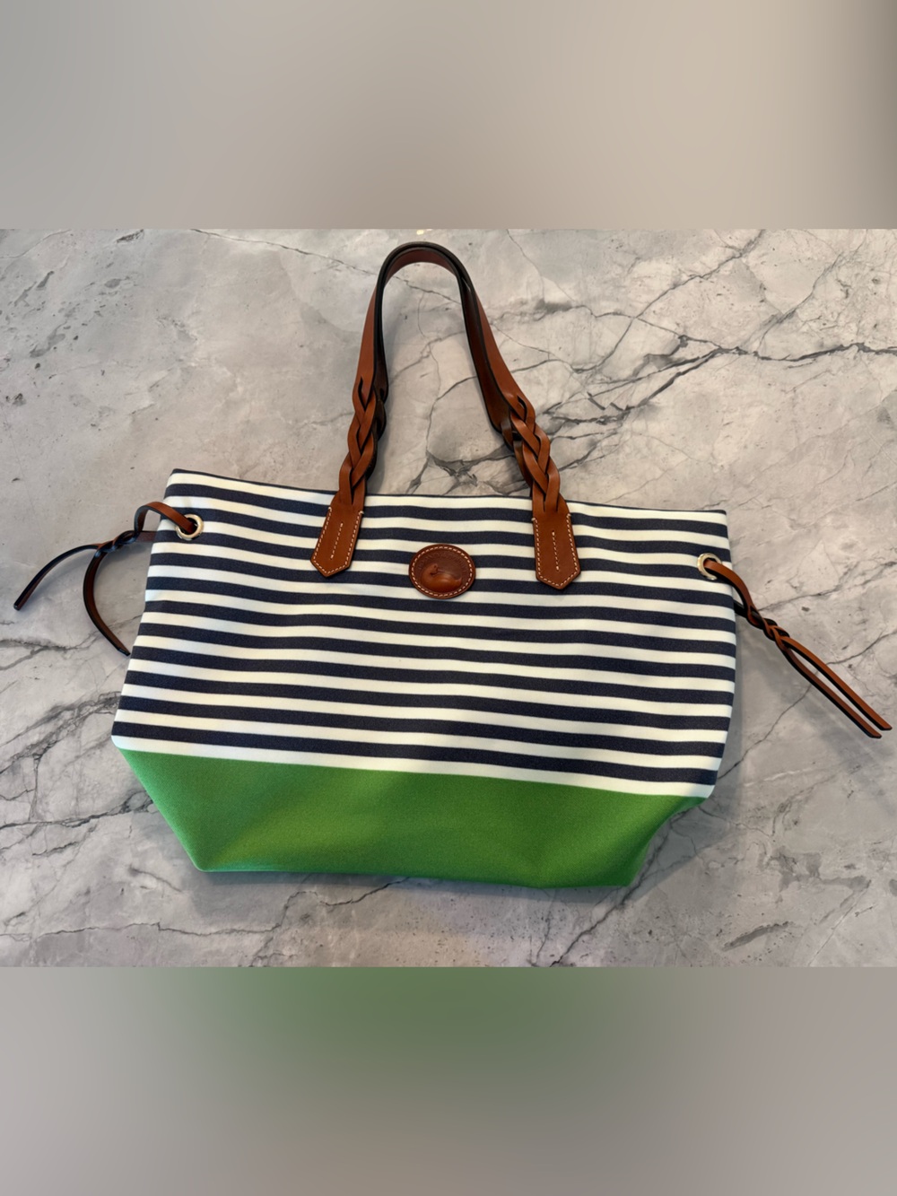 Dooney & Bourke Tote with Green Base and Brown Handles